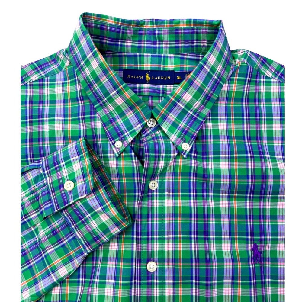 Ralph Lauren Mens XL Green Purple Plaid Cotton Button Down Shirt Long Sleeve